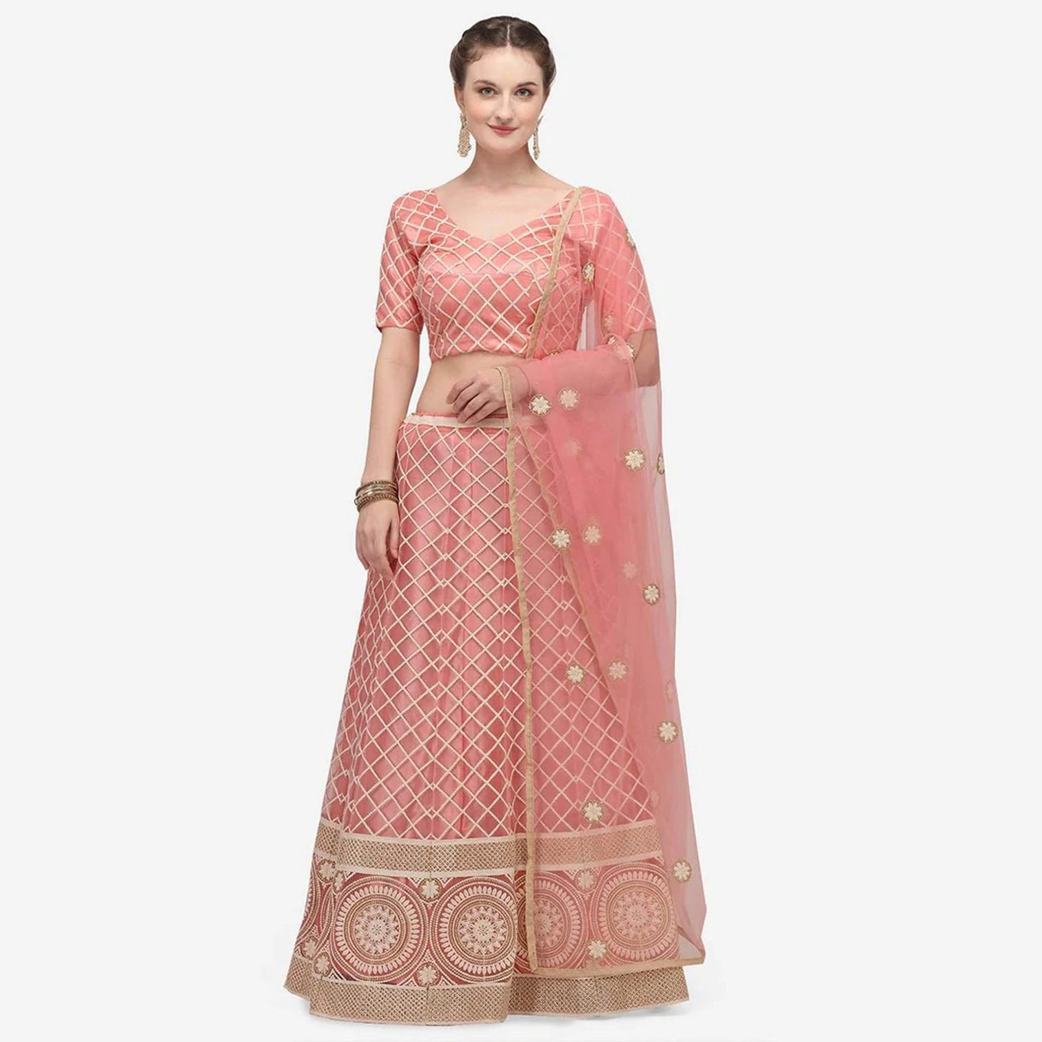 Pink Colored Lucknowi Work Lehenga Choli with Net Dupatta