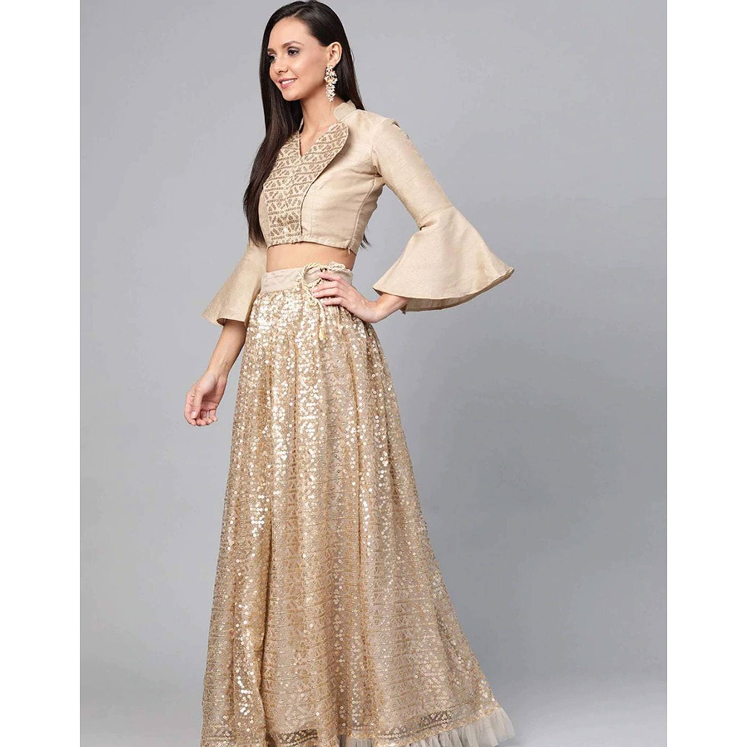 Beige color Net Lehenga with Heavy Embroidery, Zari and Thread work