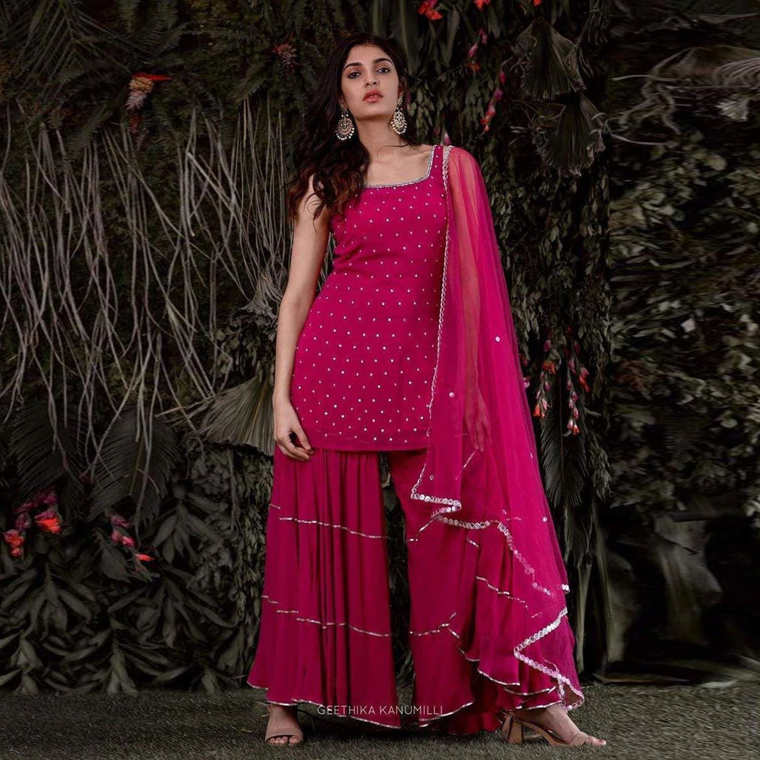Pink Georgette Sharara set with Mukesh work Dupatta