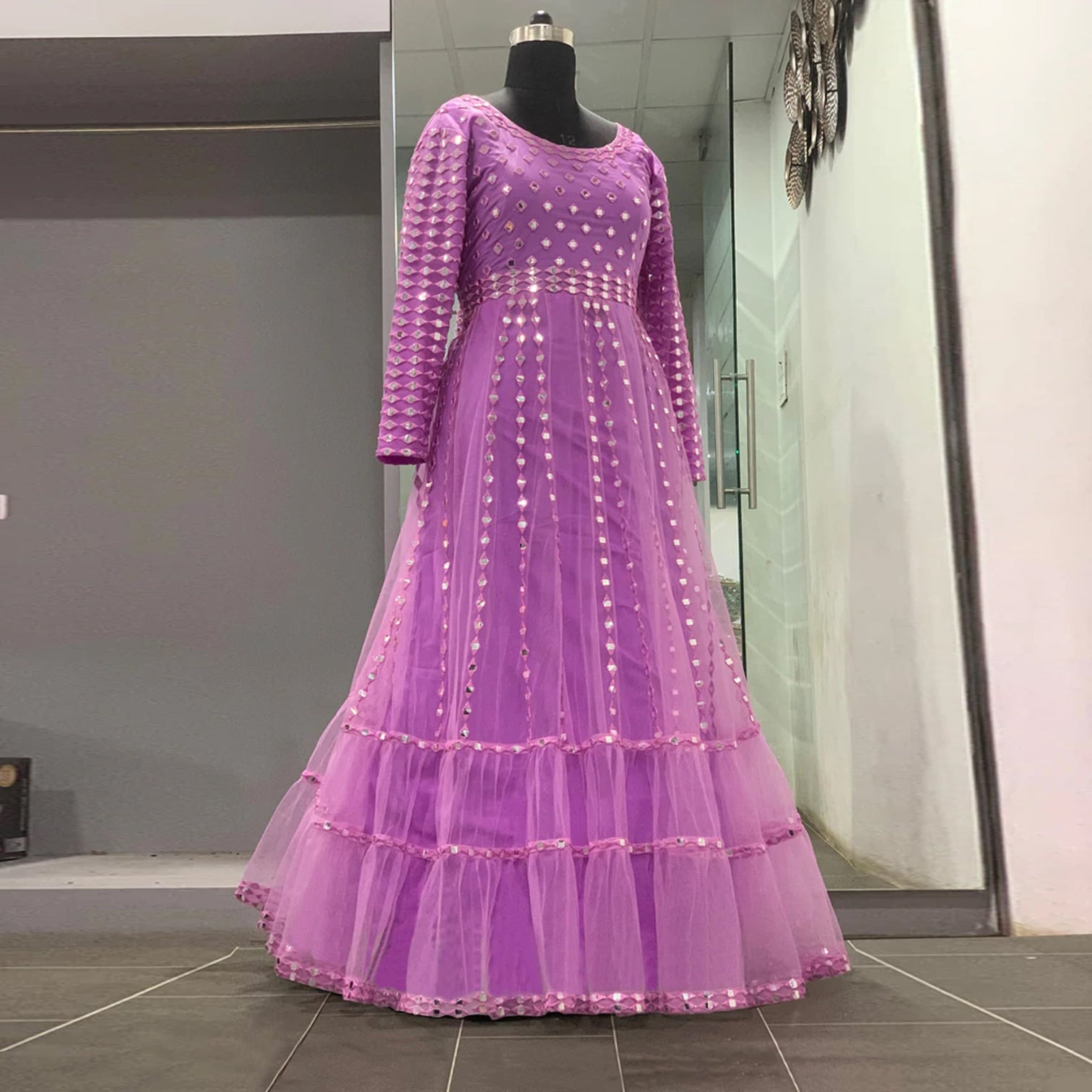 Pink Gown in Soft Net Fabrics with Heavy Foil mirror and thread work