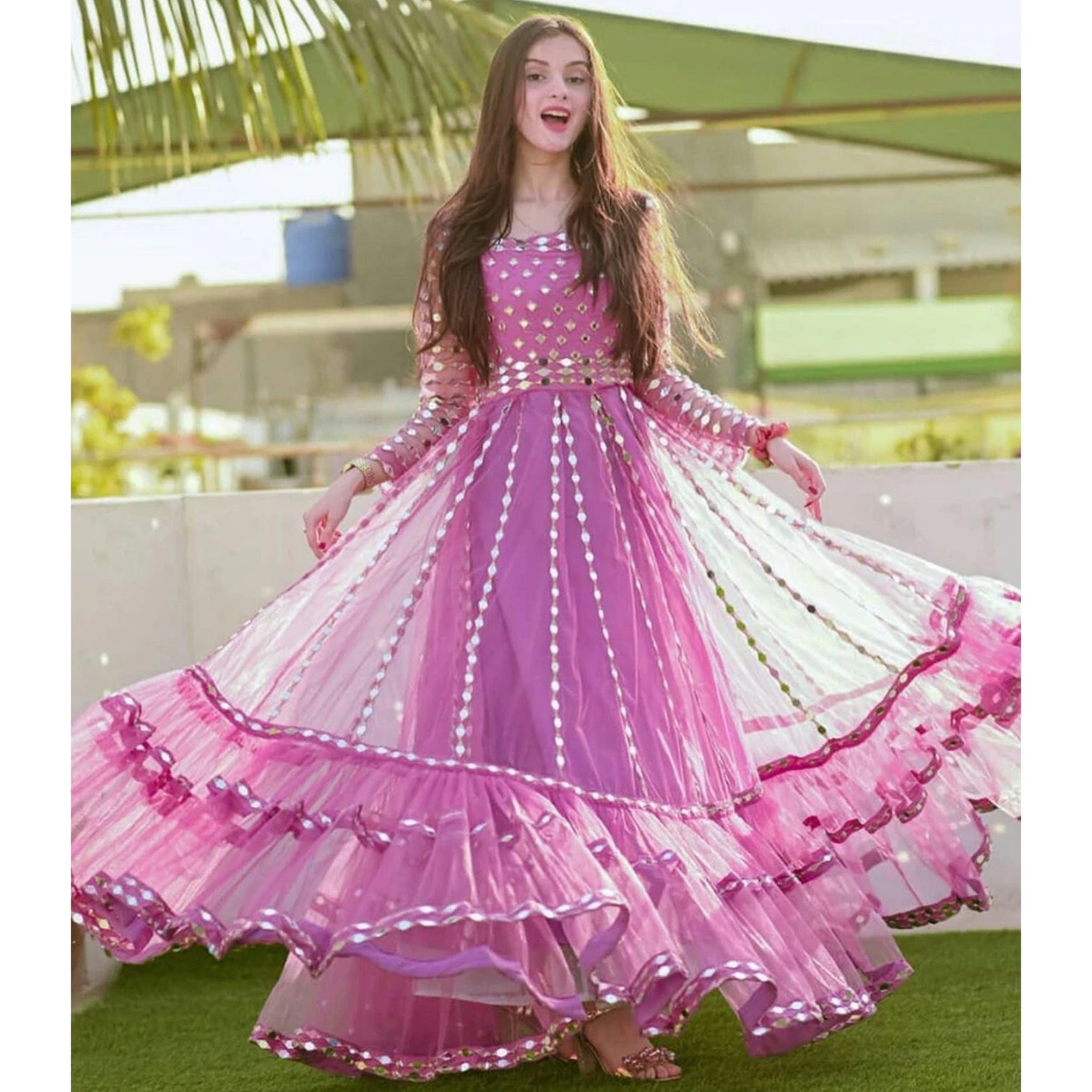 Pink Gown in Soft Net Fabrics with Heavy Foil mirror and thread work