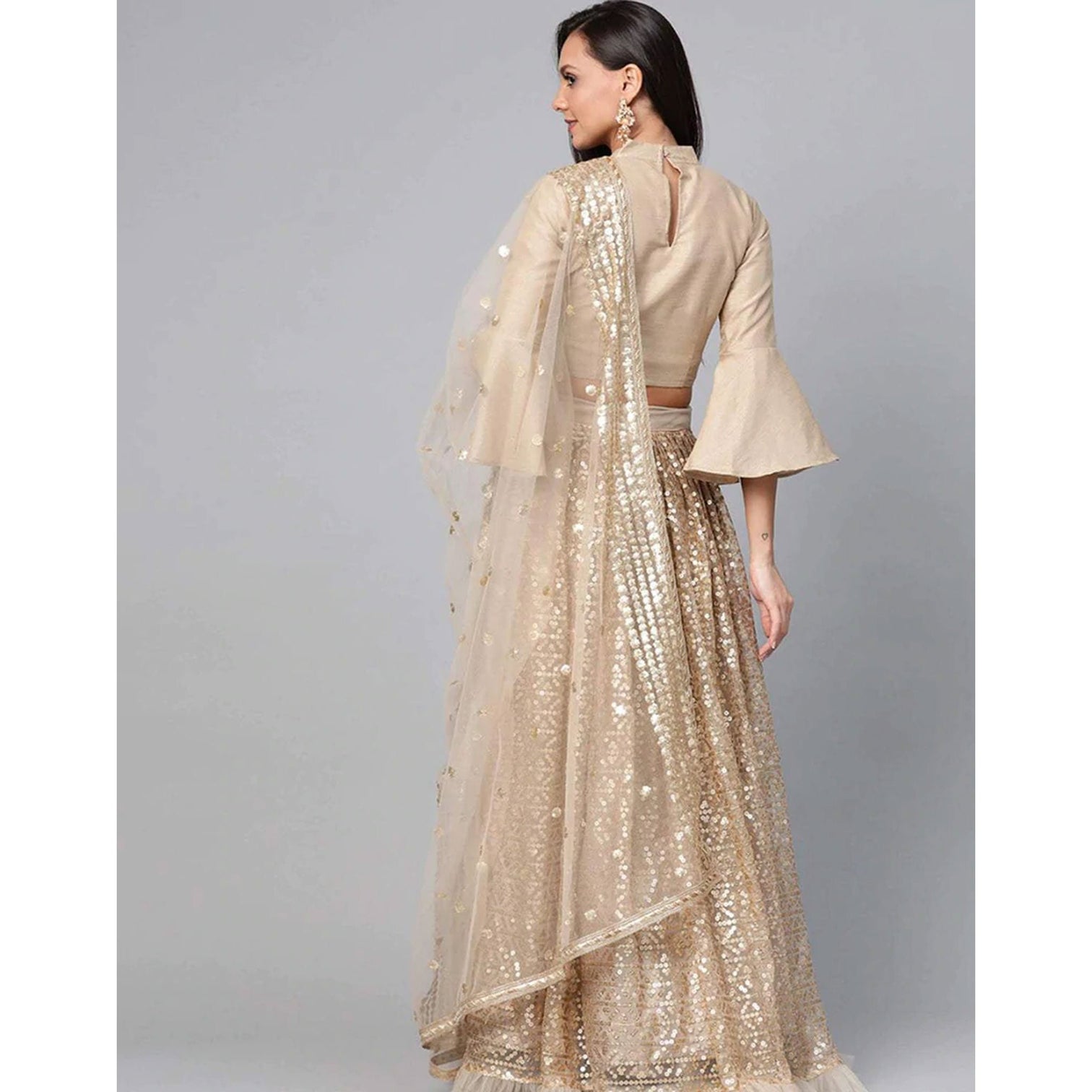 Beige color Net Lehenga with Heavy Embroidery, Zari and Thread work