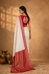 White Contrast with red border - Pure Katan Georgette Banarasi Saree
