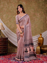 Blush Pink Pure Chinnon Ajrakh Printed Saree with Tassel Edges, Traditional Stripe Print & Matching Blouse Piece
