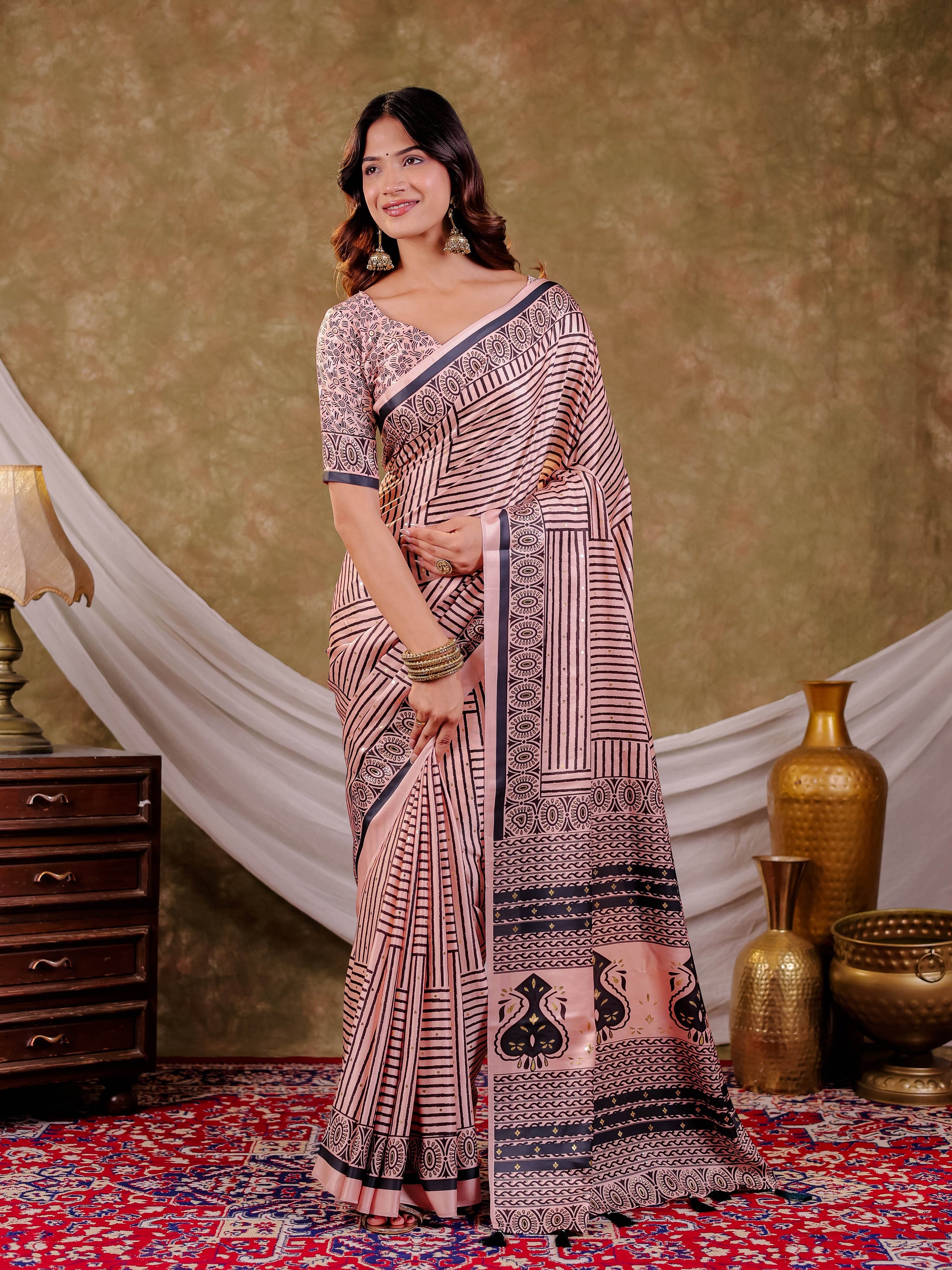 Blush Pink Pure Chinnon Ajrakh Printed Saree with Tassel Edges, Traditional Stripe Print & Matching Blouse Piece