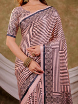 Blush Pink Pure Chinnon Ajrakh Printed Saree with Tassel Edges, Traditional Stripe Print & Matching Blouse Piece