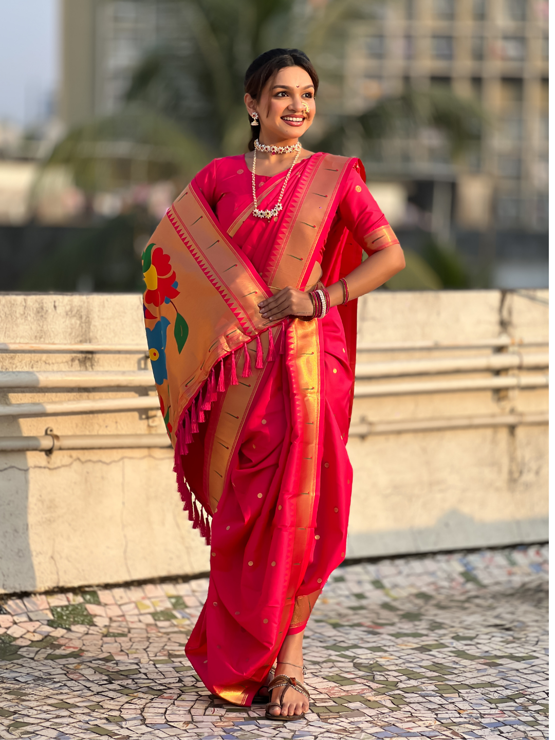 Pink Wedding Special Nauvari Paithani Soft Silk Saree with Zari Woven Polka Motifs and Peacock Pallu