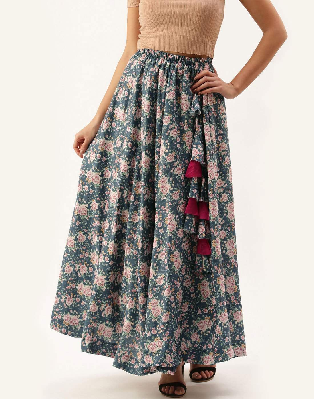 Grey Color Rayon Cotton Skirt with Digital Flowers Print