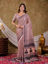 Blush Pink Pure Chinnon Ajrakh Printed Saree with Tassel Edges, Traditional Stripe Print & Matching Blouse Piece