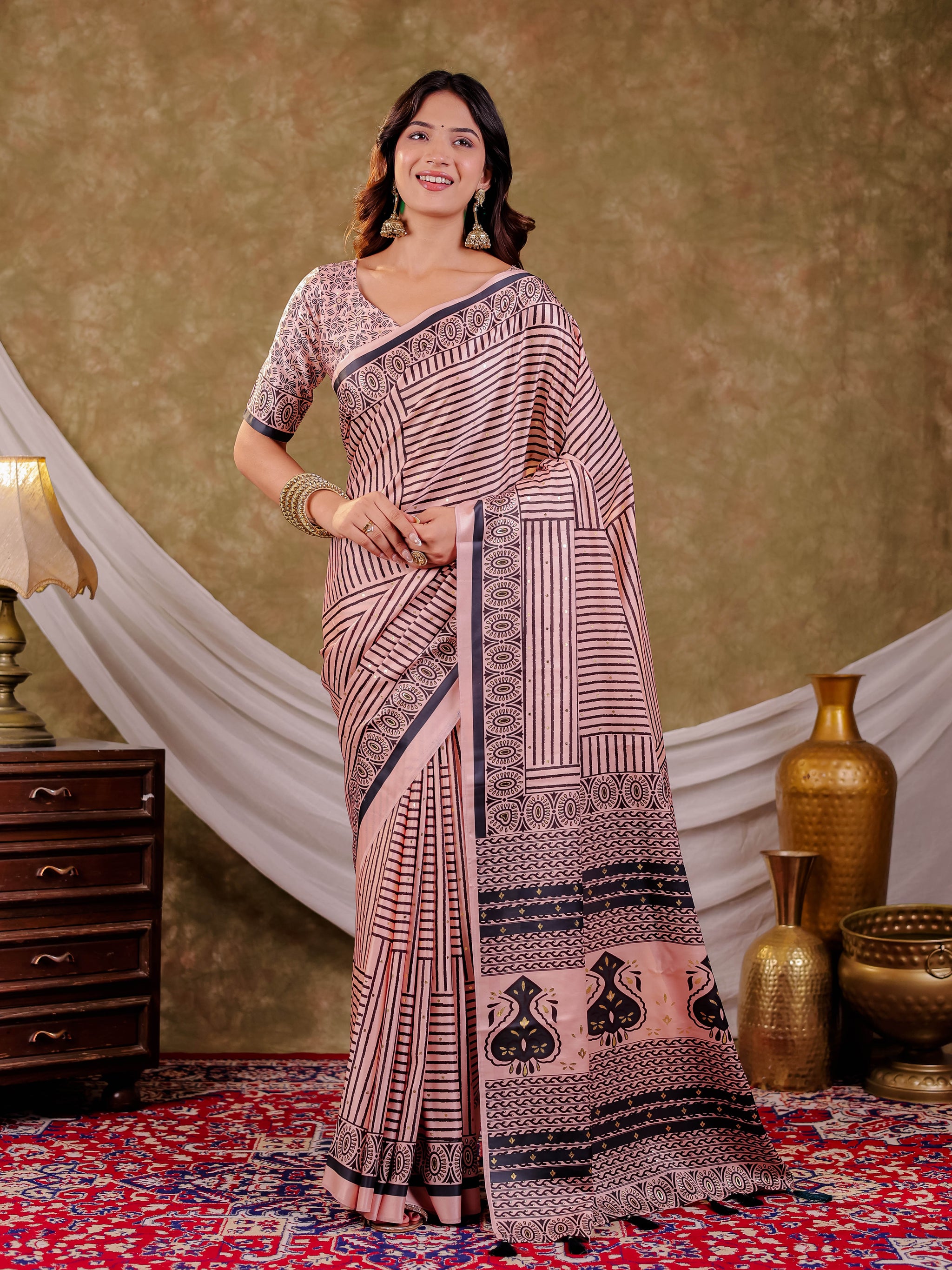 Blush Pink Pure Chinnon Ajrakh Printed Saree with Tassel Edges, Traditional Stripe Print & Matching Blouse Piece