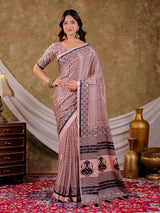 Blush Pink Pure Chinnon Ajrakh Printed Saree with Tassel Edges, Traditional Stripe Print & Matching Blouse Piece