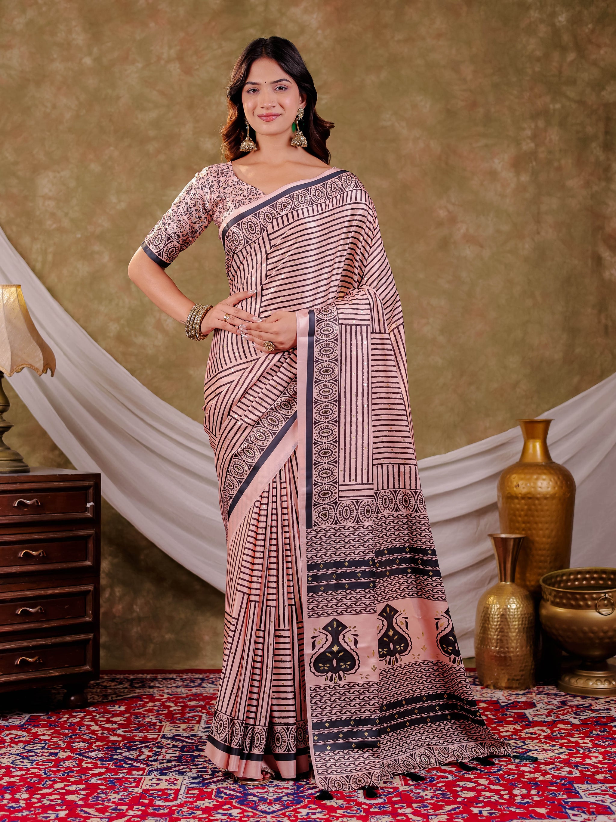 Blush Pink Pure Chinnon Ajrakh Printed Saree with Tassel Edges, Traditional Stripe Print & Matching Blouse Piece