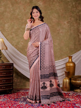 Blush Pink Pure Chinnon Ajrakh Printed Saree with Tassel Edges, Traditional Stripe Print & Matching Blouse Piece