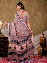 Blush Pink Pure Chinnon Ajrakh Printed Saree with Tassel Edges, Traditional Stripe Print & Matching Blouse Piece