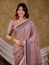 Blush Pink Pure Chinnon Ajrakh Printed Saree with Tassel Edges, Traditional Stripe Print & Matching Blouse Piece