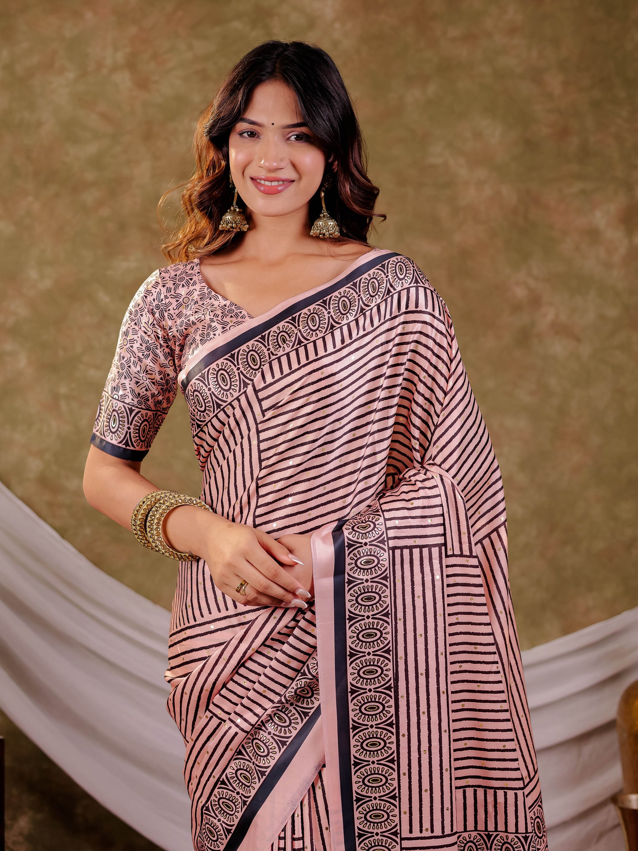 Blush Pink Pure Chinnon Ajrakh Printed Saree with Tassel Edges, Traditional Stripe Print & Matching Blouse Piece