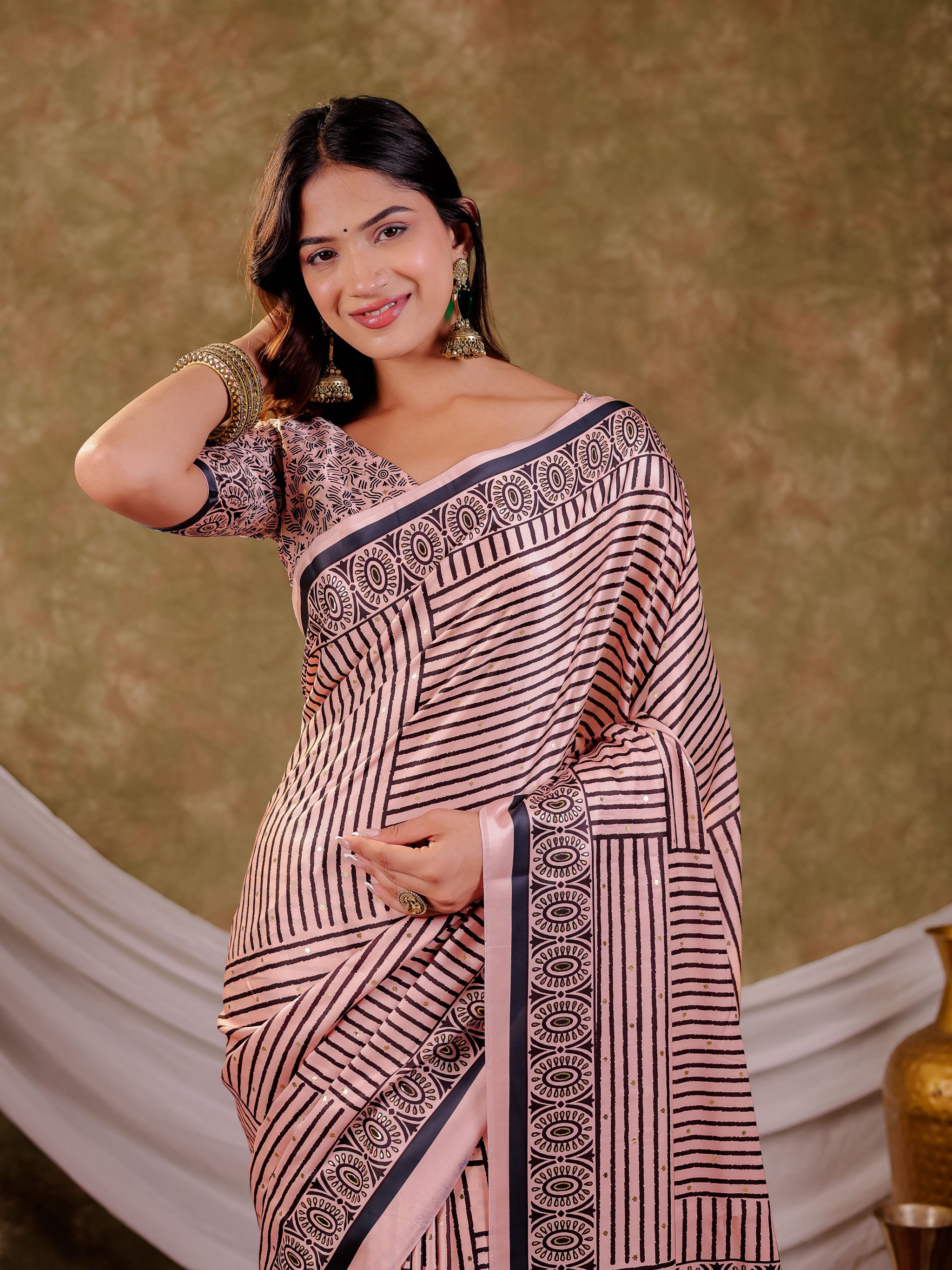 Blush Pink Pure Chinnon Ajrakh Printed Saree with Tassel Edges, Traditional Stripe Print & Matching Blouse Piece