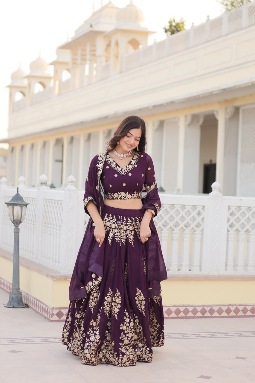 Faux Blooming PuGeorgette rple Lehenga Choli Set with Heavy Embroidered Work