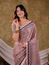 Blush Pink Pure Chinnon Ajrakh Printed Saree with Tassel Edges, Traditional Stripe Print & Matching Blouse Piece