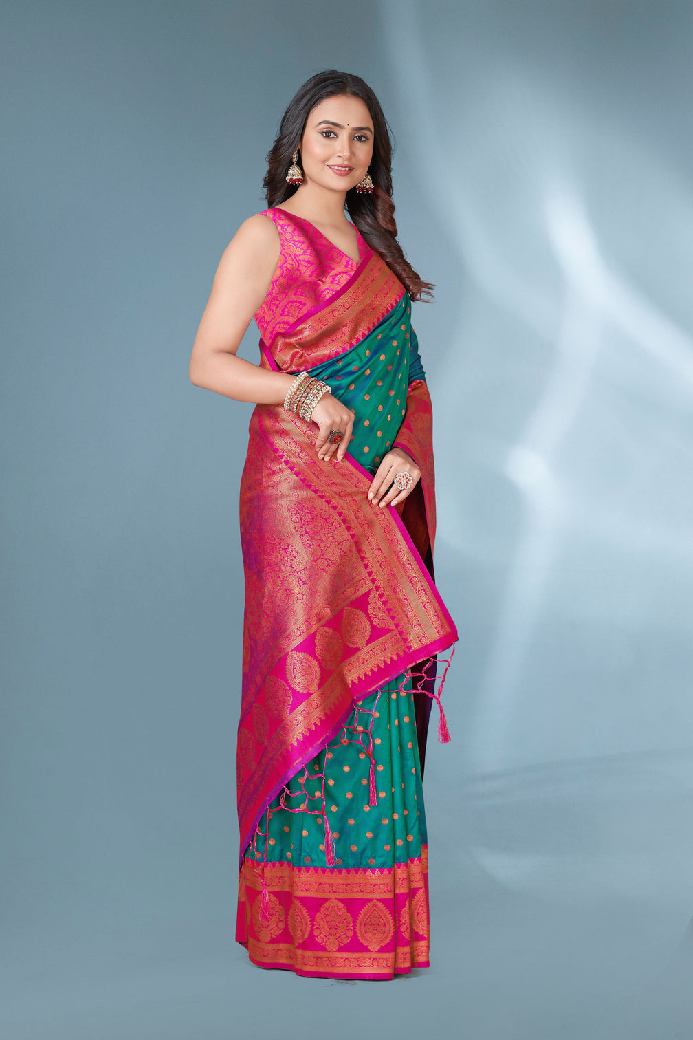 Green with pink polka paithani silk contrast zari woven saree with unstitched blouse