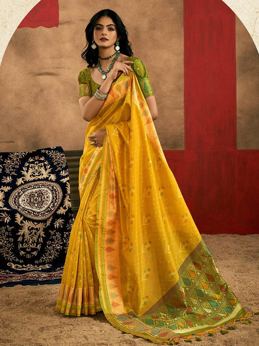 Yellow Patola Silk Saree With Blouse Piece