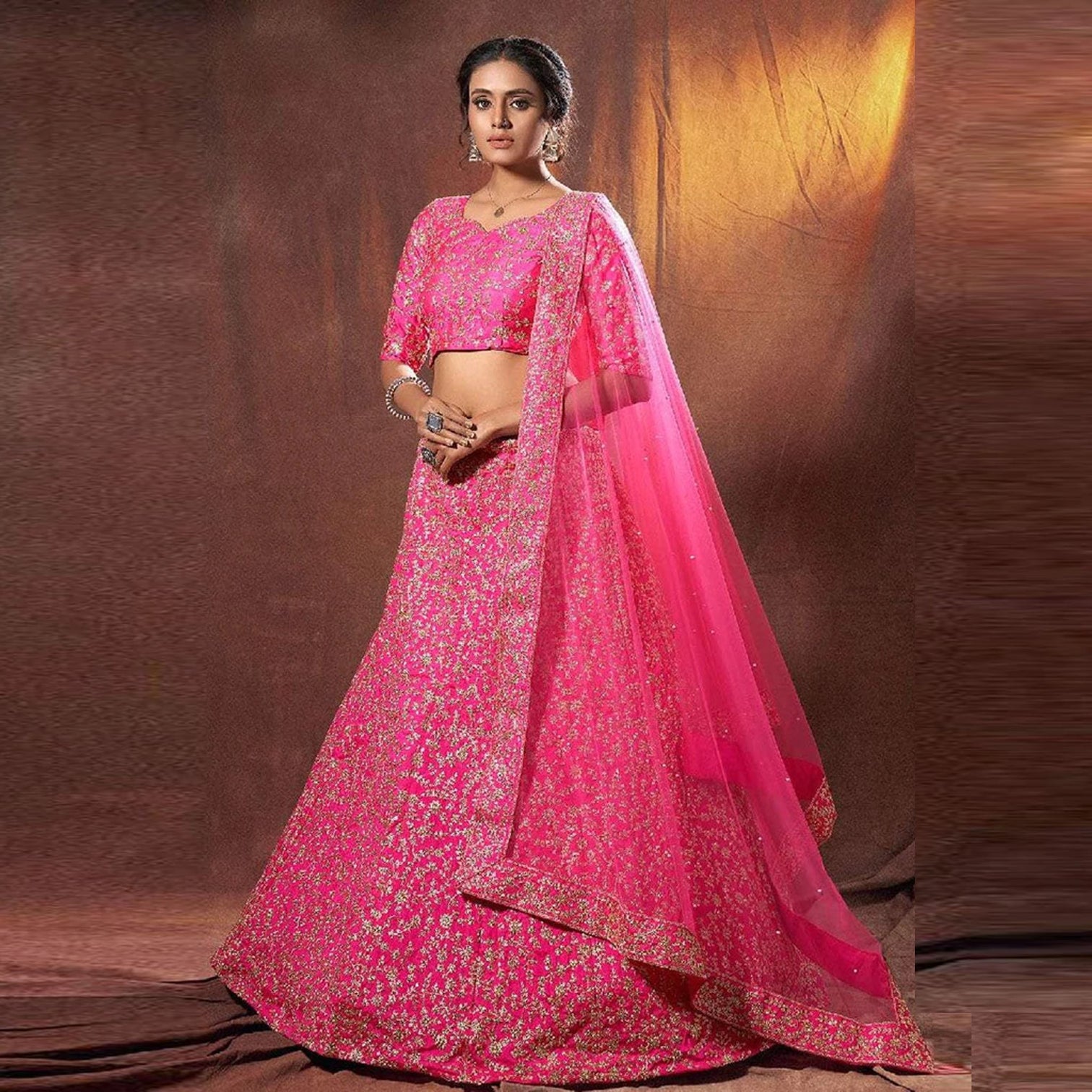 Pink Lehenga Choli in Silk with Embroidery Work for Wedding