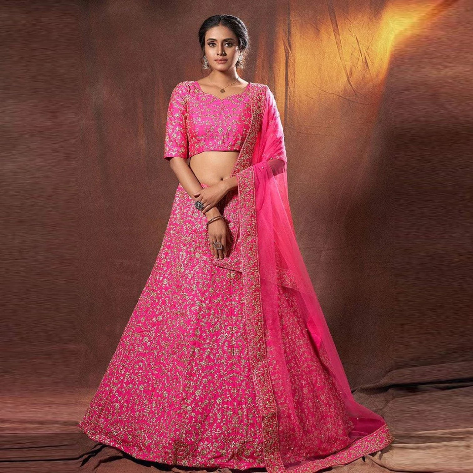 Pink Lehenga Choli in Silk with Embroidery Work for Wedding