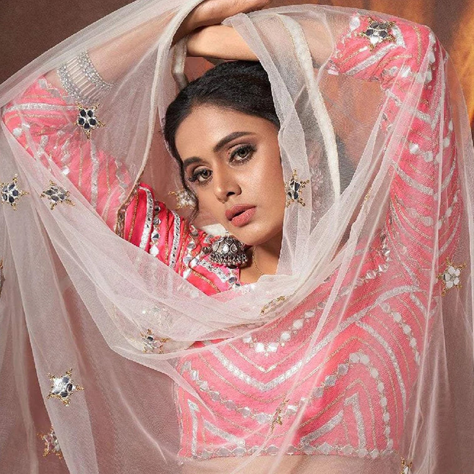 Pink Lehenga Choli in Silk with Zari and Mirror Work