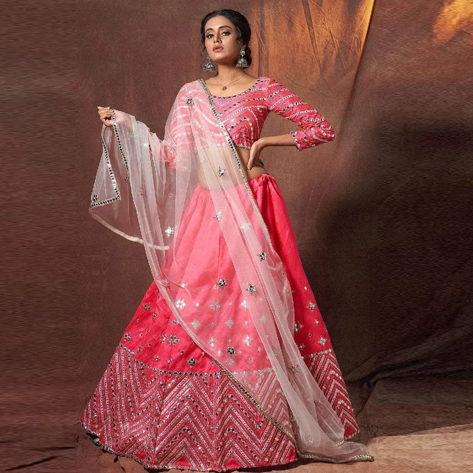 Pink Lehenga Choli in Silk with Zari and Mirror Work
