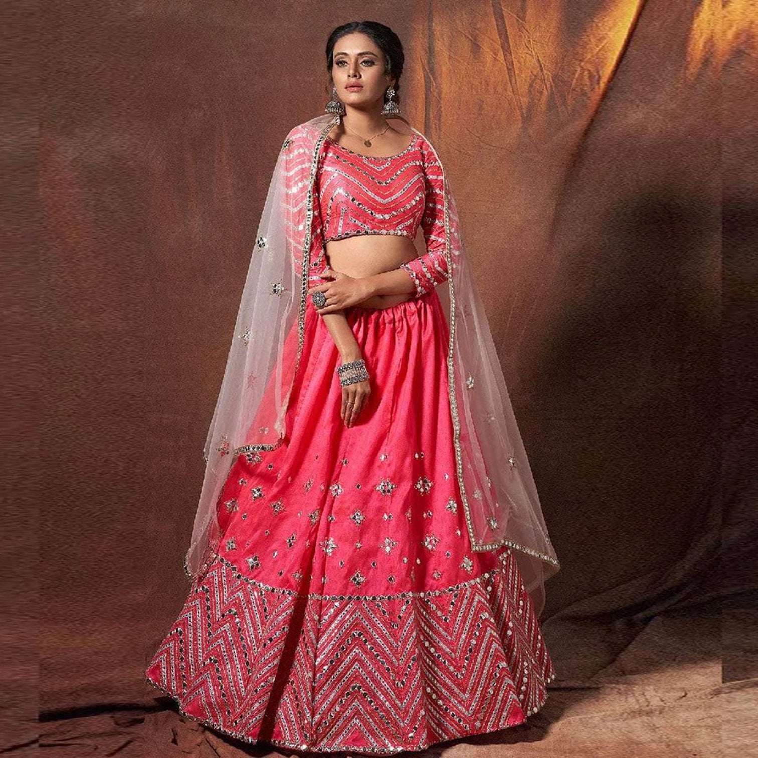 Pink Lehenga Choli in Silk with Zari and Mirror Work