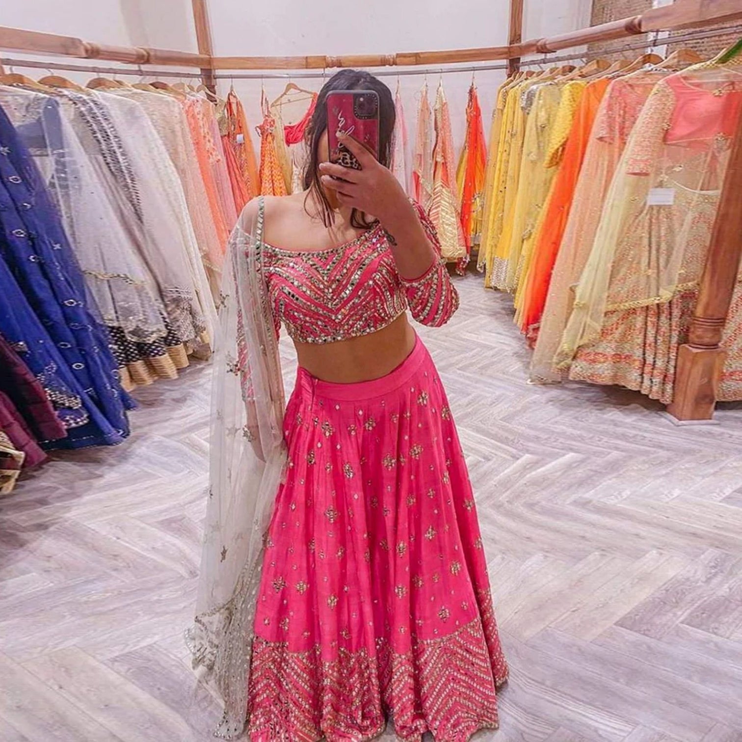 Pink Lehenga Choli in Silk with Zari and Mirror Work