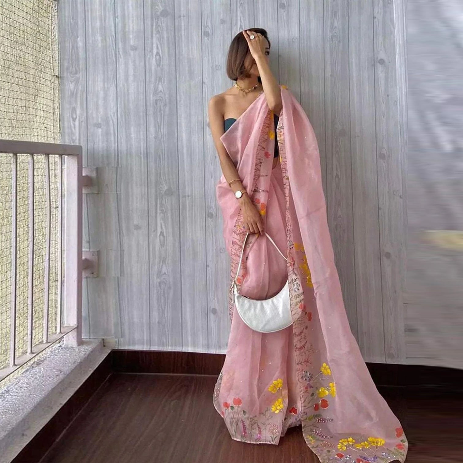 Pink Organza Silk Saree with Beautiful Floral Handprint Karanda Handwork Tikki Plain Blouse for Wedding