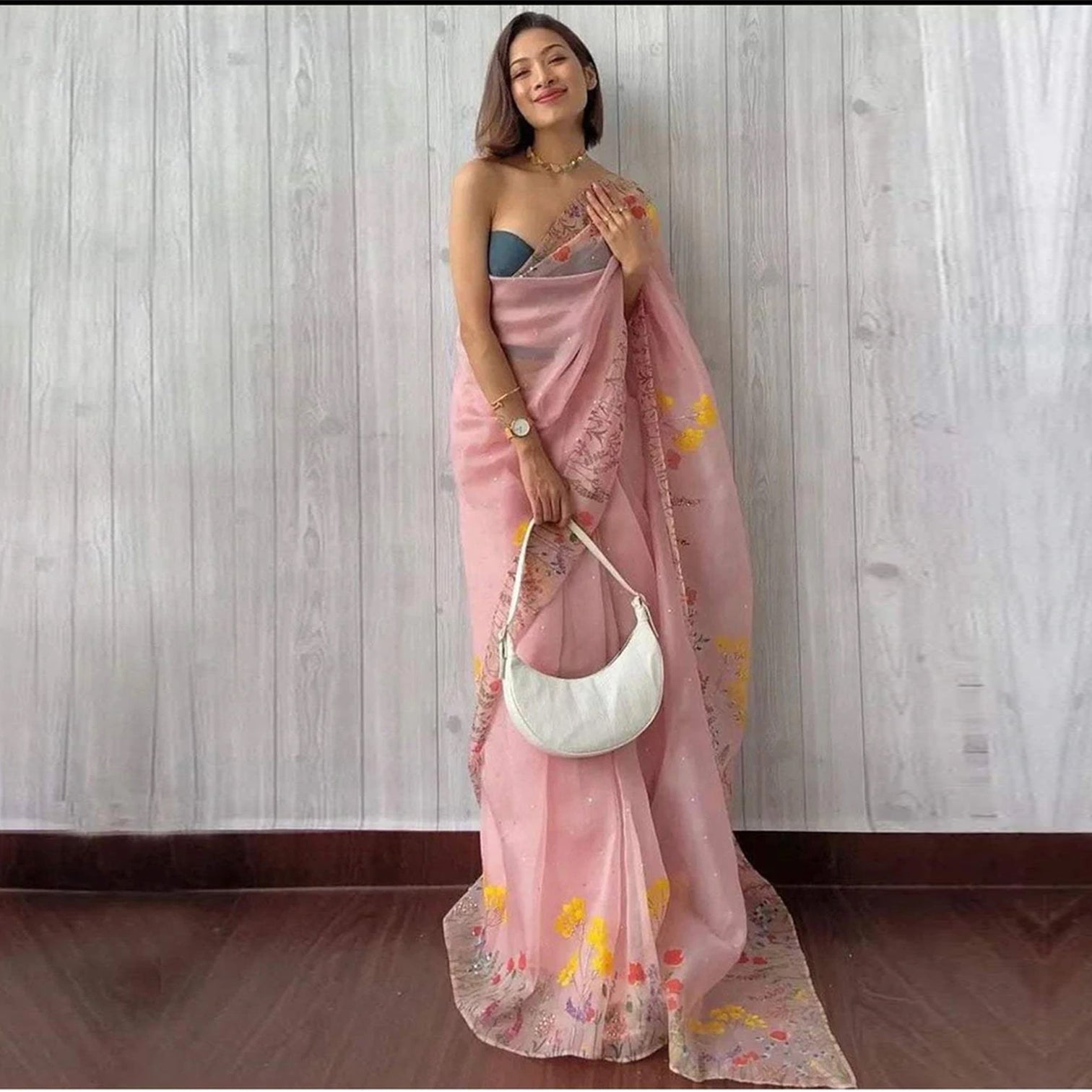 Pink Organza Silk Saree with Beautiful Floral Handprint Karanda Handwork Tikki Plain Blouse for Wedding