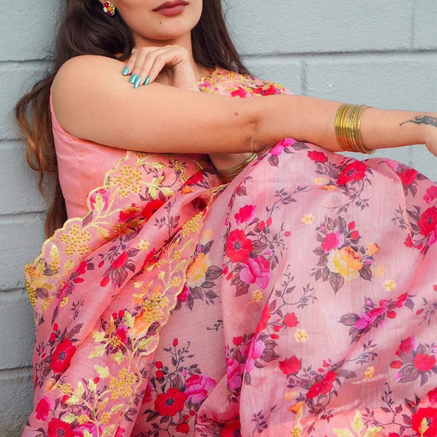 Pink Organza Silk Saree with Beautiful Handprint with Golden Embroidery Pearl Touch ups and Silk Blouse for Wedding