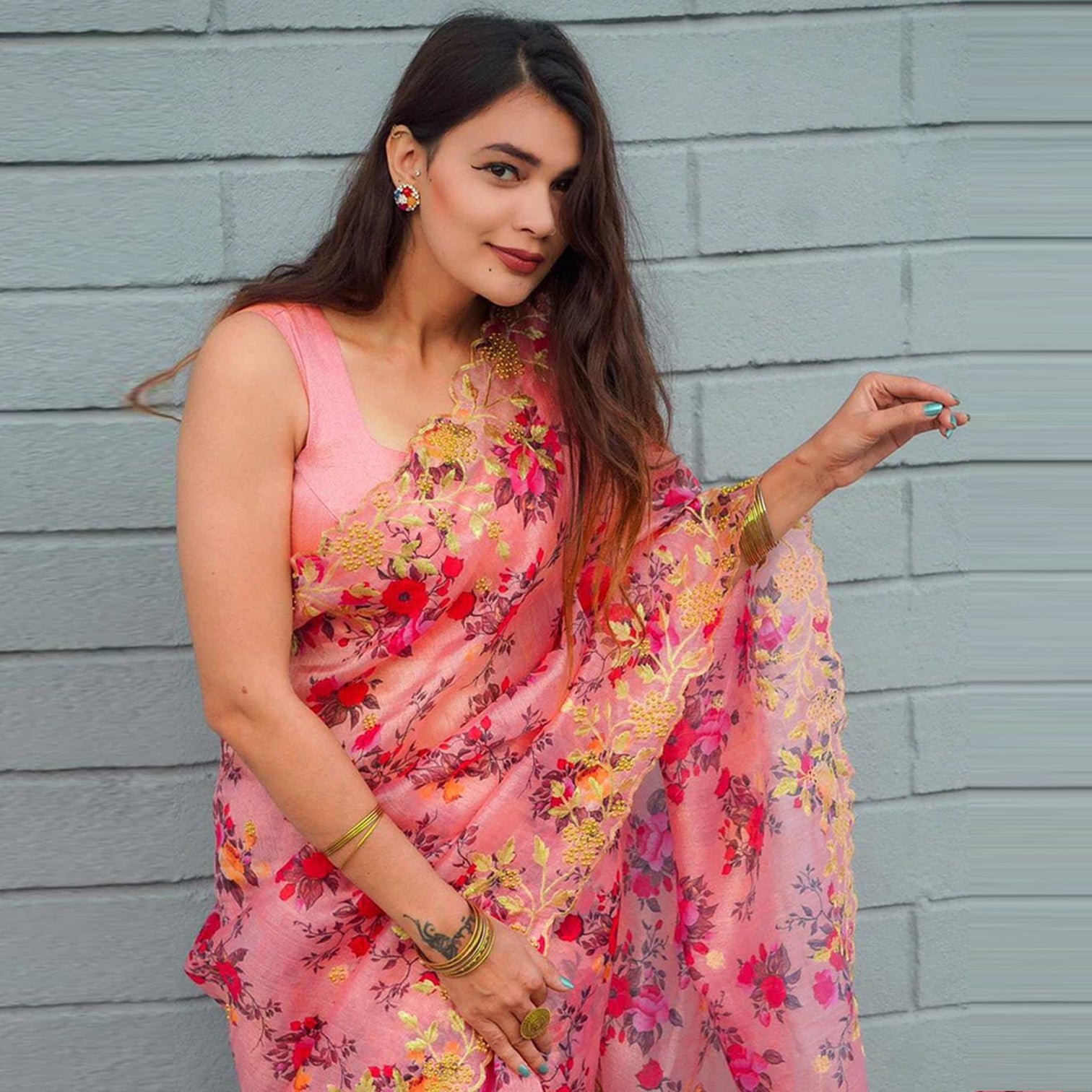 Pink Organza Silk Saree with Beautiful Handprint with Golden Embroidery Pearl Touch ups and Silk Blouse for Wedding