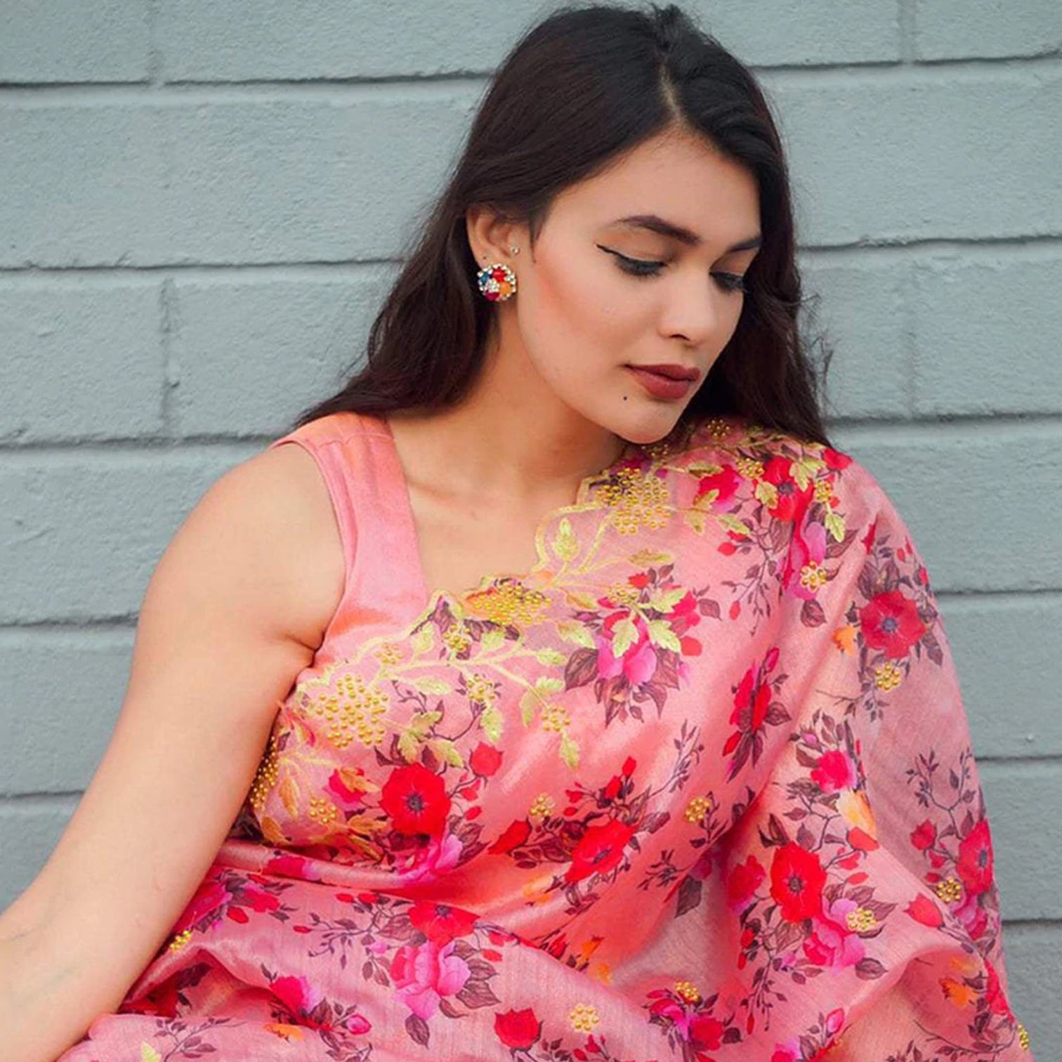 Pink Organza Silk Saree with Beautiful Handprint with Golden Embroidery Pearl Touch ups and Silk Blouse for Wedding
