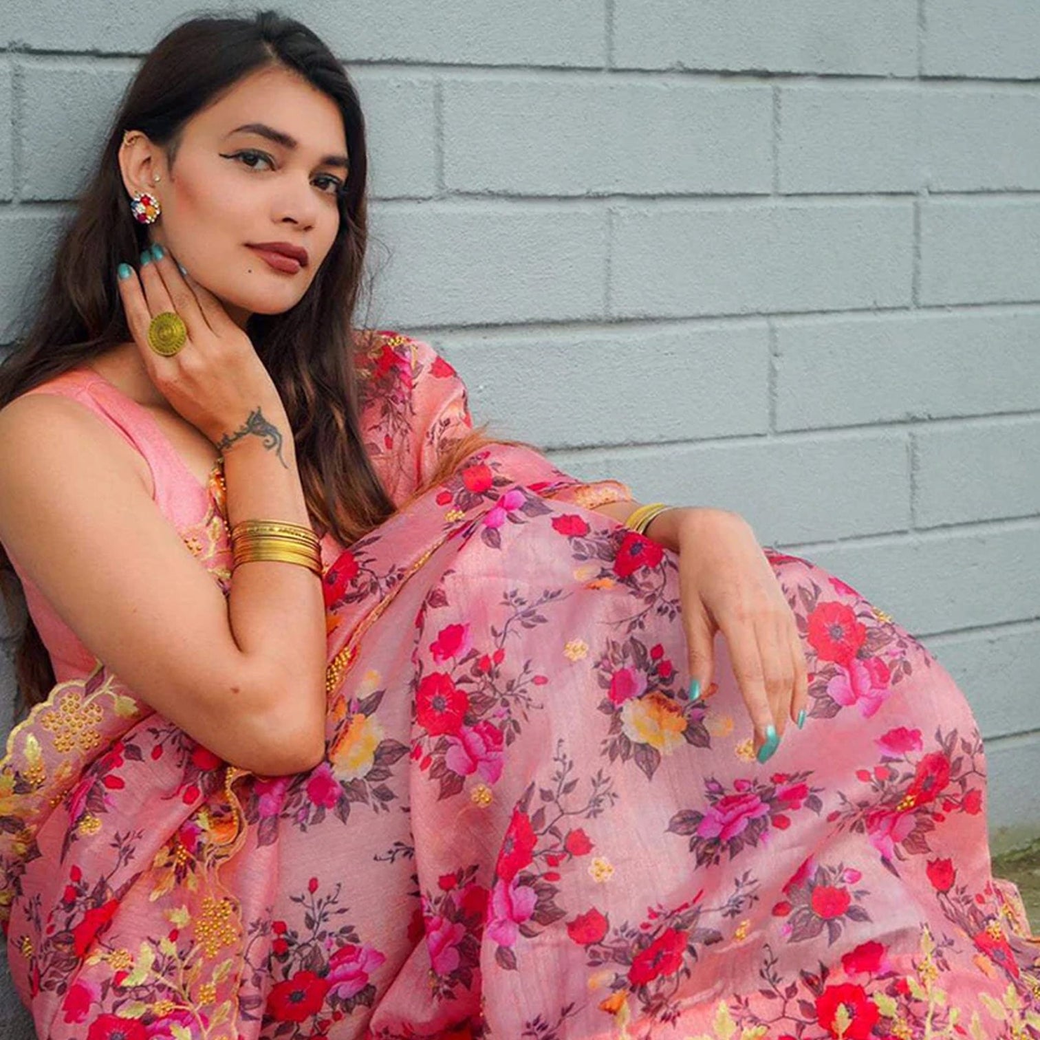 Pink Organza Silk Saree with Beautiful Handprint with Golden Embroidery Pearl Touch ups and Silk Blouse for Wedding