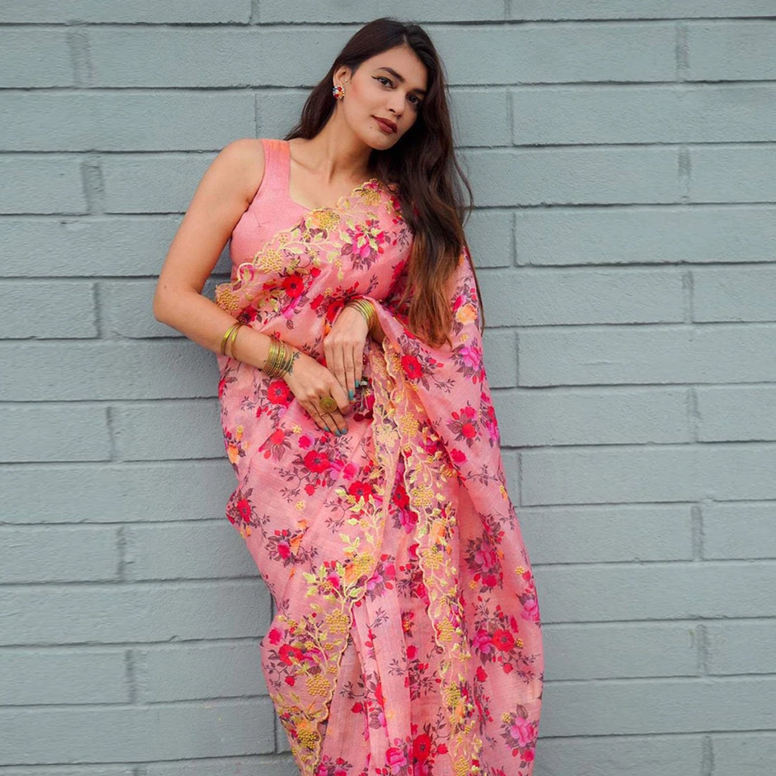 Pink Organza Silk Saree with Beautiful Handprint with Golden Embroidery Pearl Touch ups and Silk Blouse for Wedding