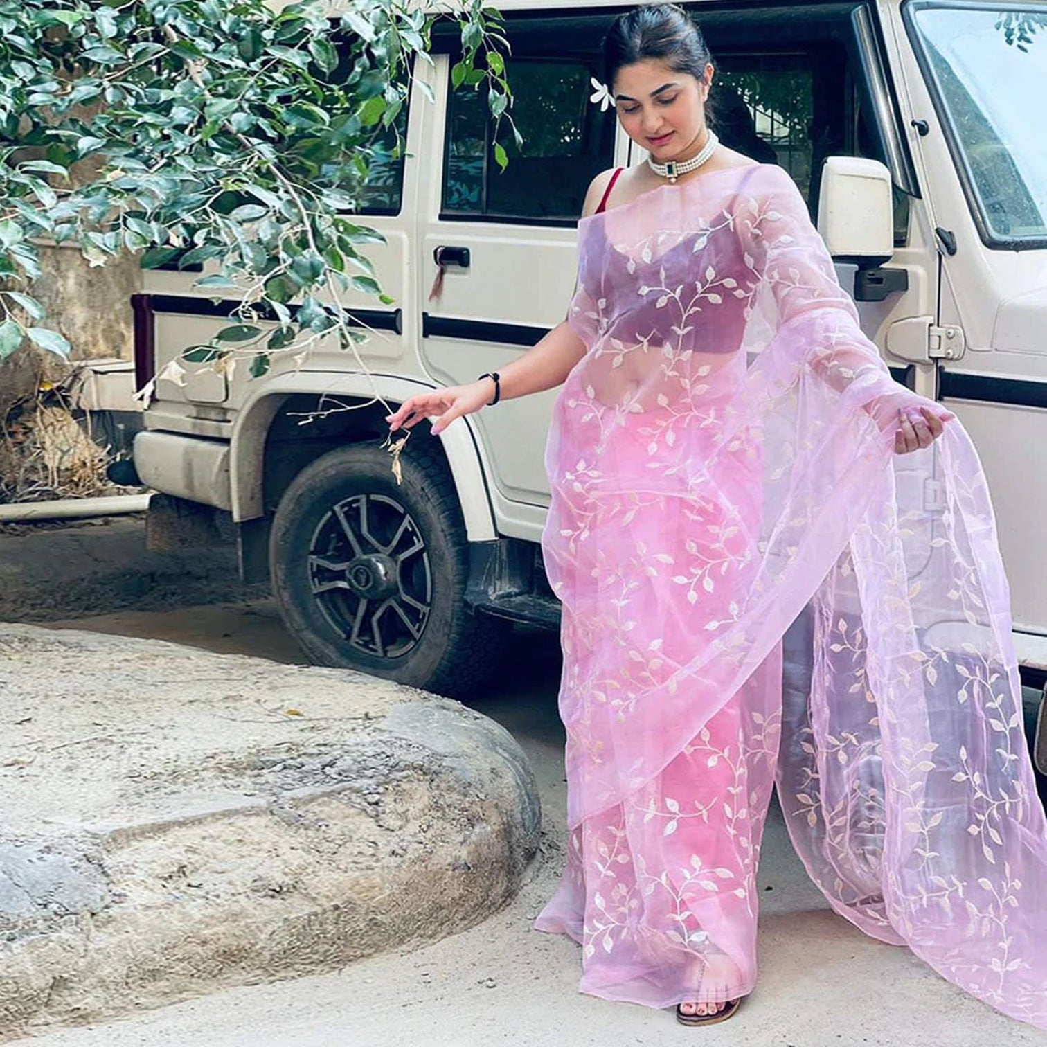 Pink Organza Silk Saree with Beautiful Sequence Work and Silk Blouse for Wedding