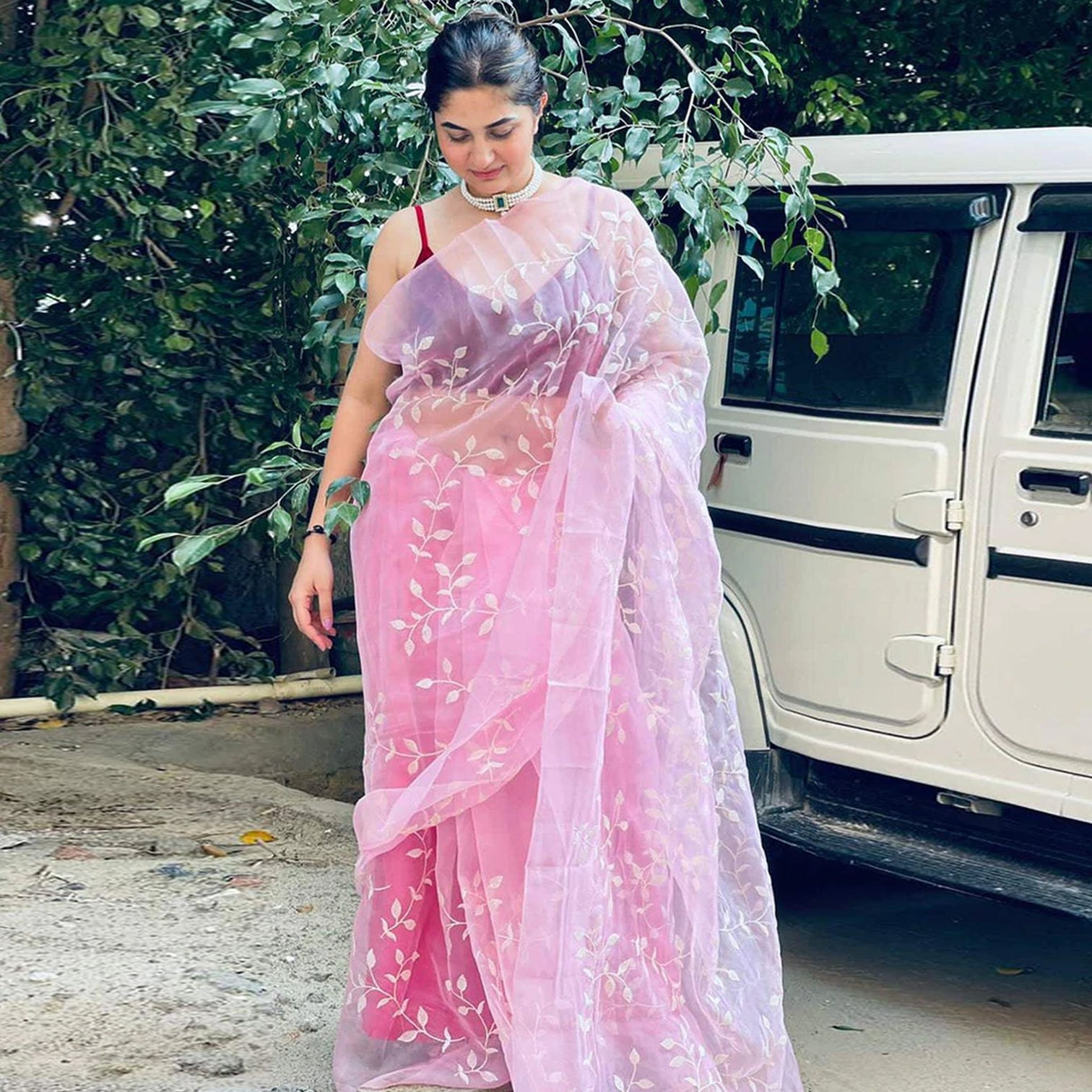 Pink Organza Silk Saree with Beautiful Sequence Work and Silk Blouse for Wedding