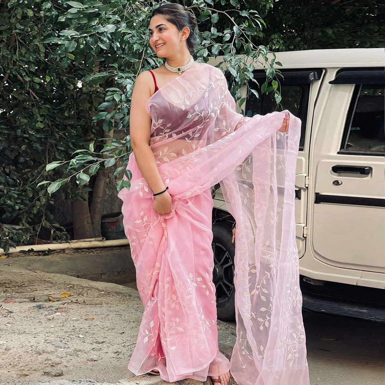 Pink Organza Silk Saree with Beautiful Sequence Work and Silk Blouse for Wedding
