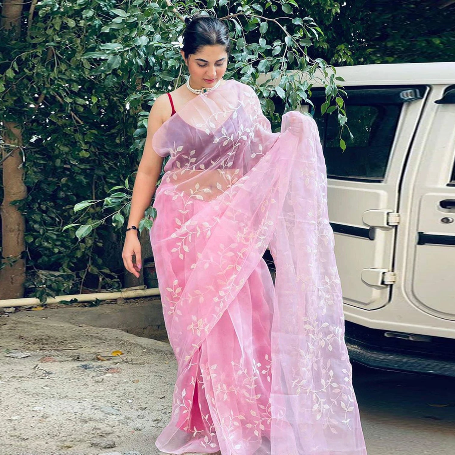 Pink Organza Silk Saree with Beautiful Sequence Work and Silk Blouse for Wedding