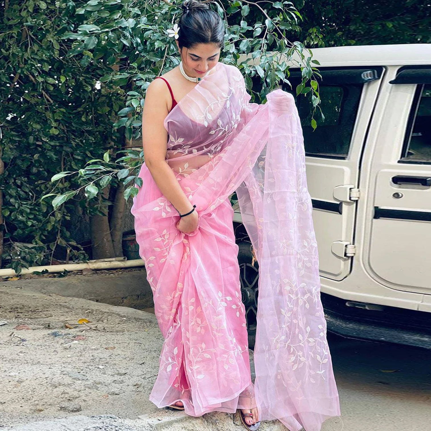 Pink Organza Silk Saree with Beautiful Sequence Work and Silk Blouse for Wedding