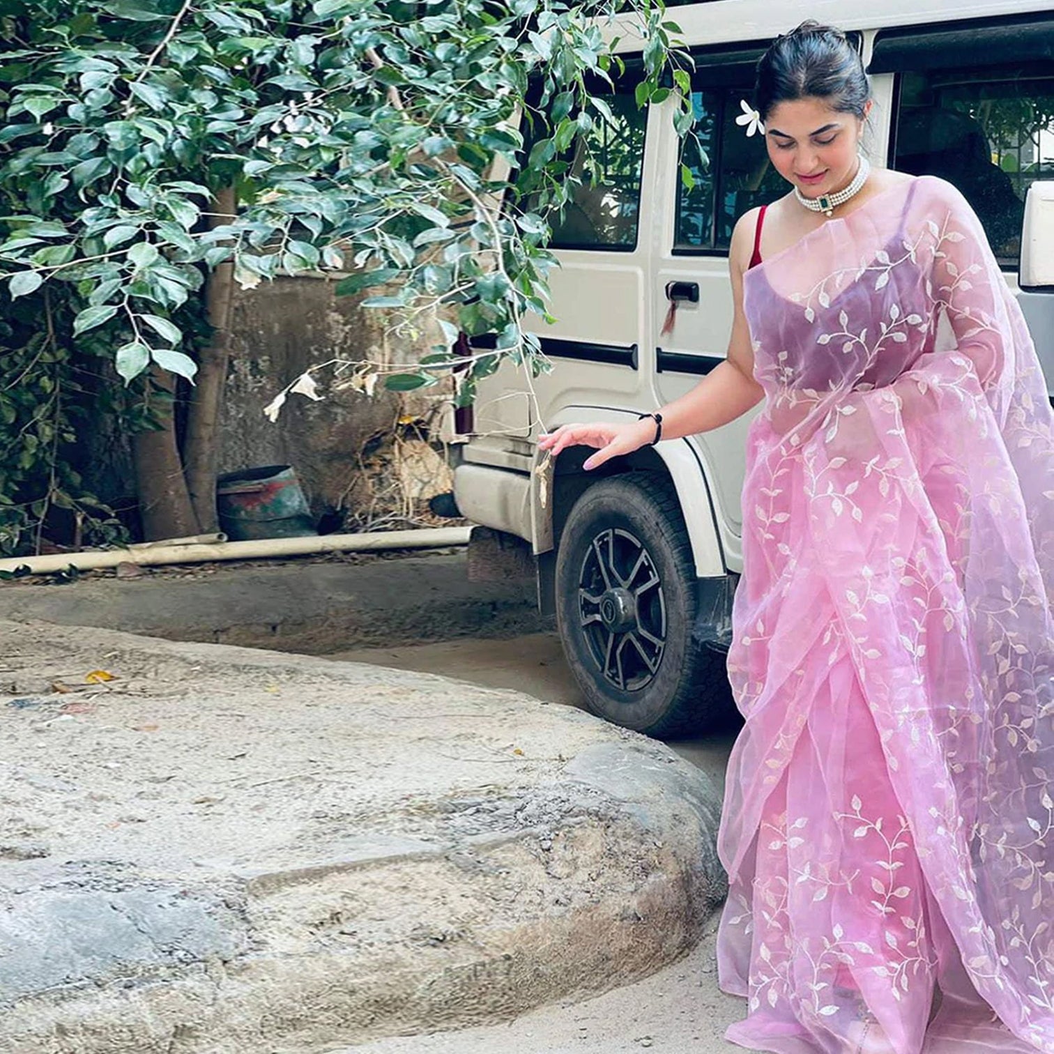 Pink Organza Silk Saree with Beautiful Sequence Work and Silk Blouse for Wedding