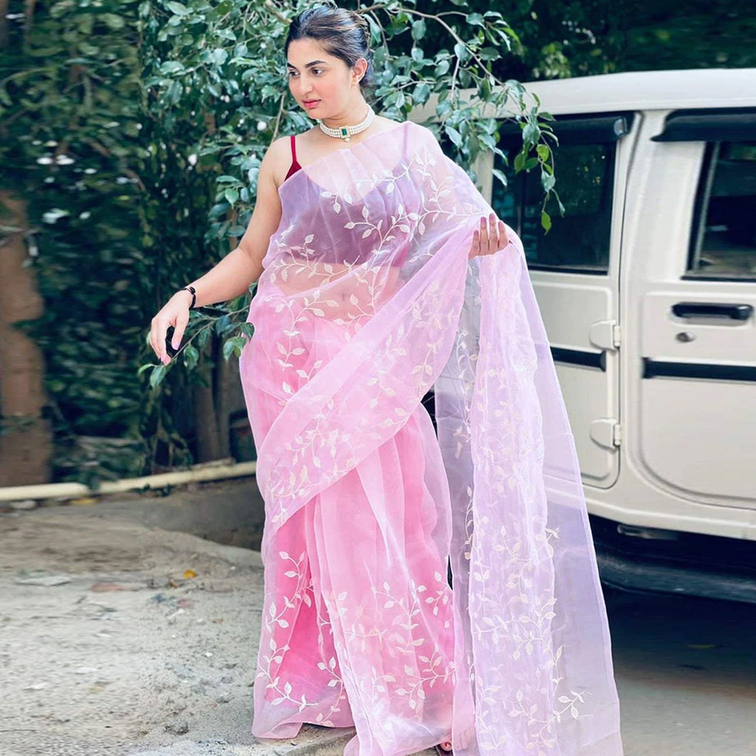 Pink Organza Silk Saree with Beautiful Sequence Work and Silk Blouse for Wedding