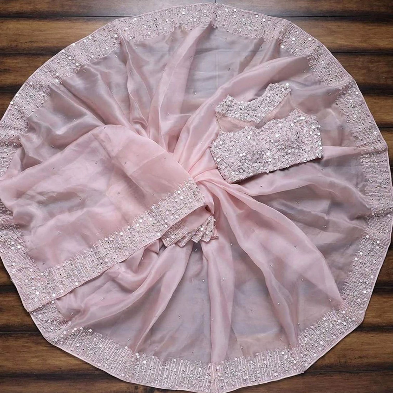 Pink Organza Silk Saree with Embroidery and Mirror Work