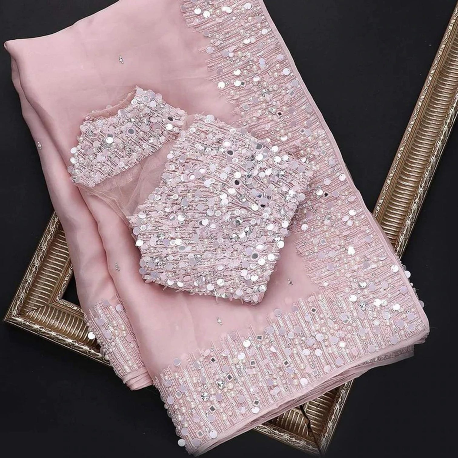 Pink Organza Silk Saree with Embroidery and Mirror Work