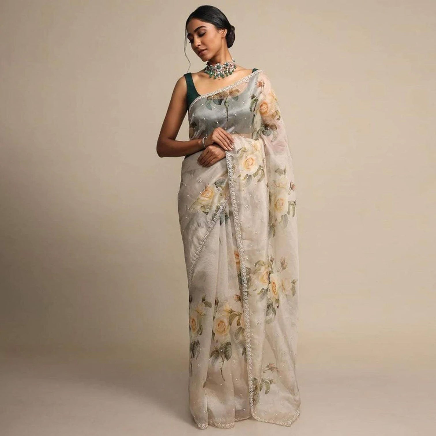 Pure Organza Saree with Beautiful Hand Print Zardosi touch up of Pearl and Matching Silk Blouse