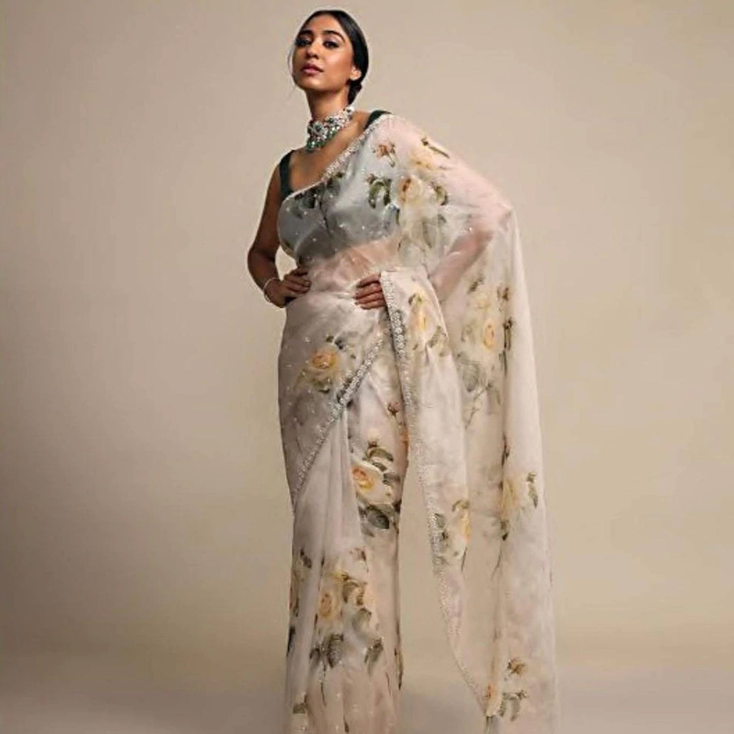 Pure Organza Saree with Beautiful Hand Print Zardosi touch up of Pearl and Matching Silk Blouse