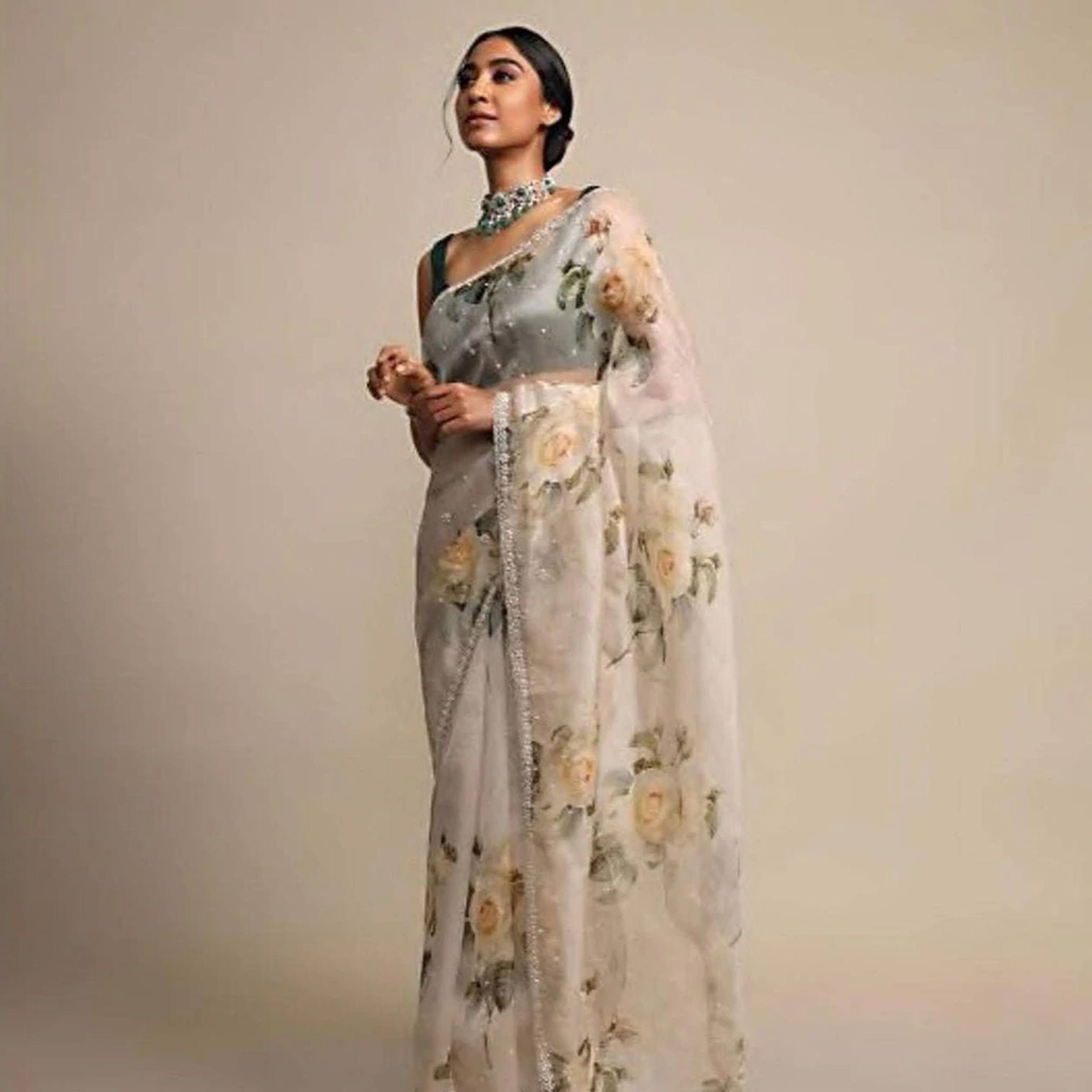 Pure Organza Saree with Beautiful Hand Print Zardosi touch up of Pearl and Matching Silk Blouse